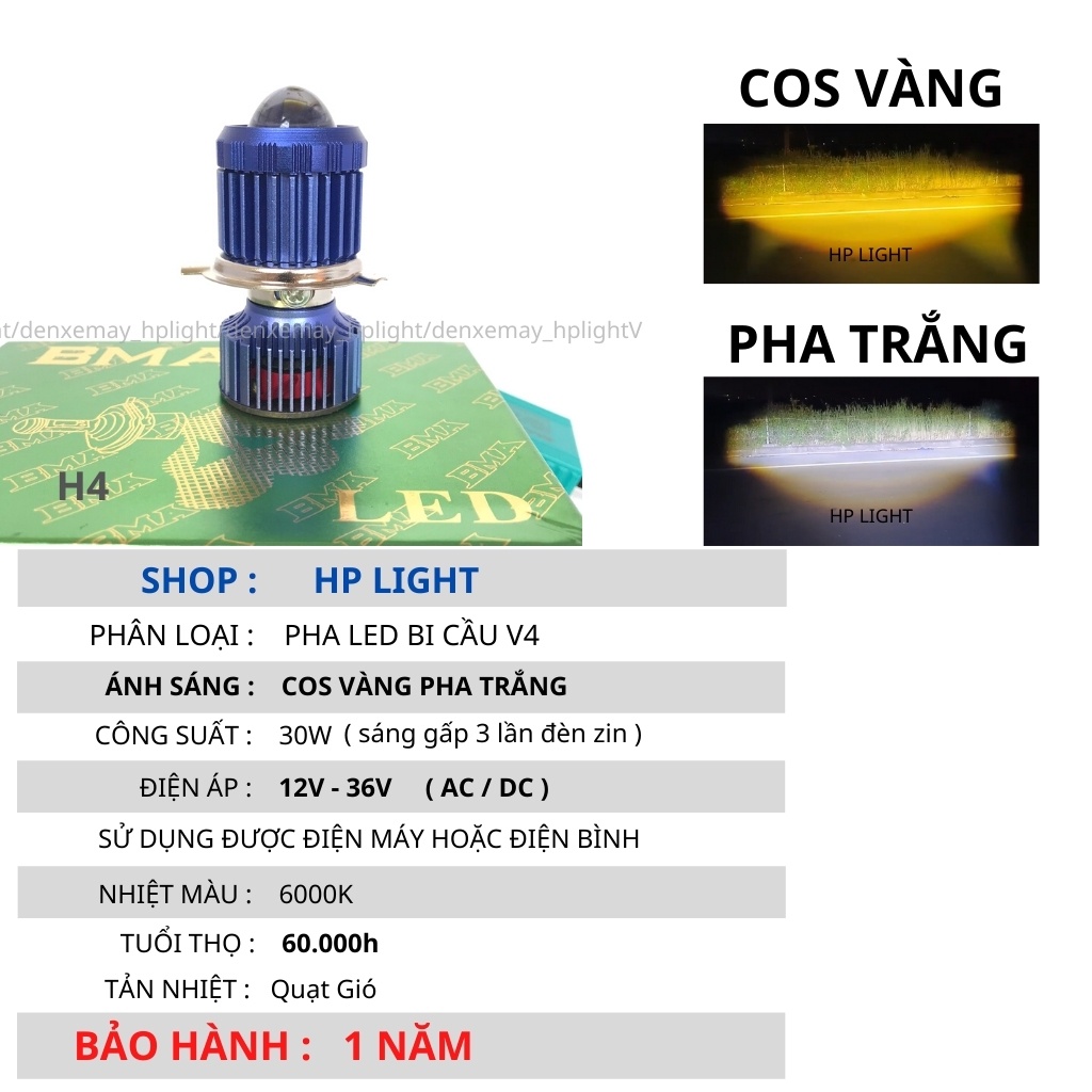 Đèn Led Xe Máy H4 Cos Vàng Pha Trắng  Siêu Sáng Bi Cầu _Led HP LIGHT V4