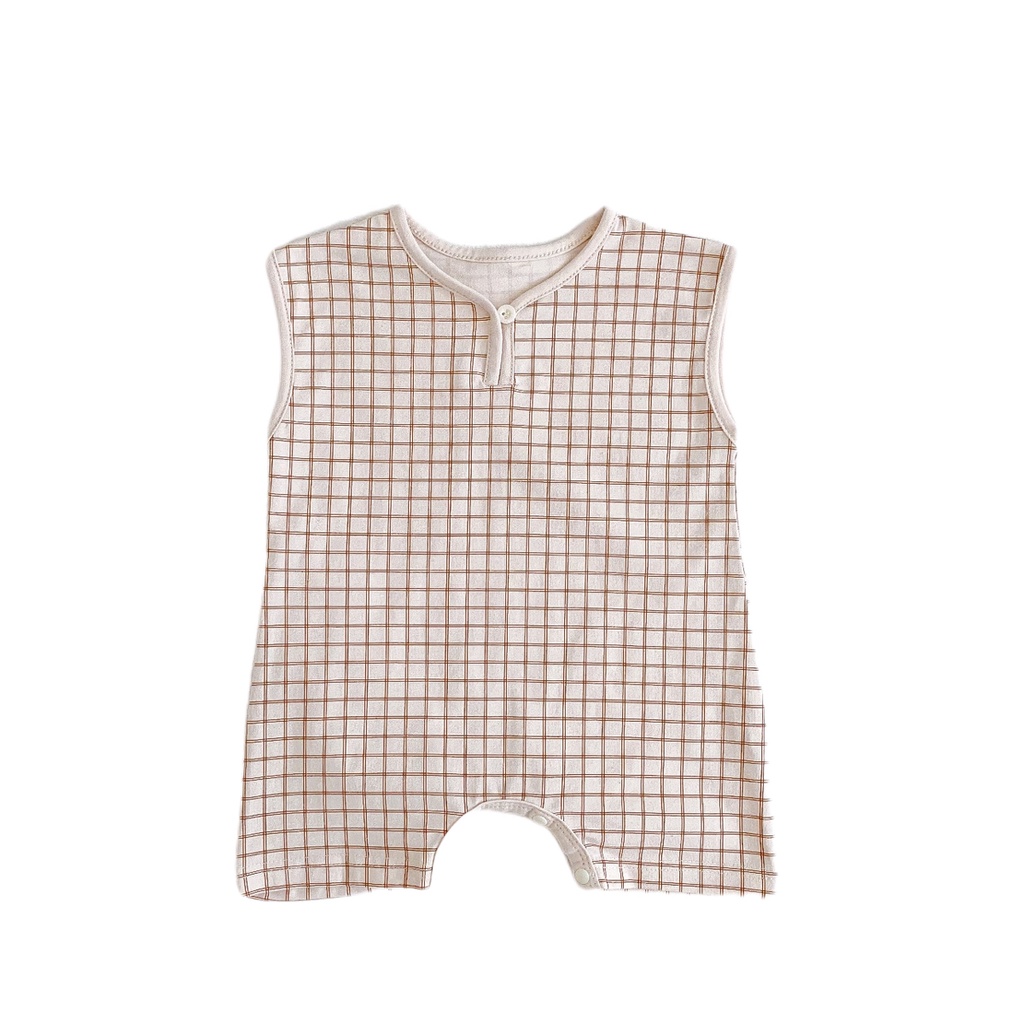 Bộ Áo Liền Quần Sát Nách Họa Tiết Sọc Caro Thời Trang Mùa Hè Cho Bé Từ 0-2 Tuổi