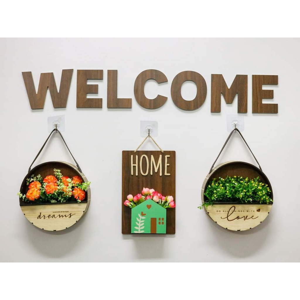 Giỏ hoa gỗ kèm hoa treo tường decor trang trí nhà cửa tặng đinh 3 chân/ móc dán tường