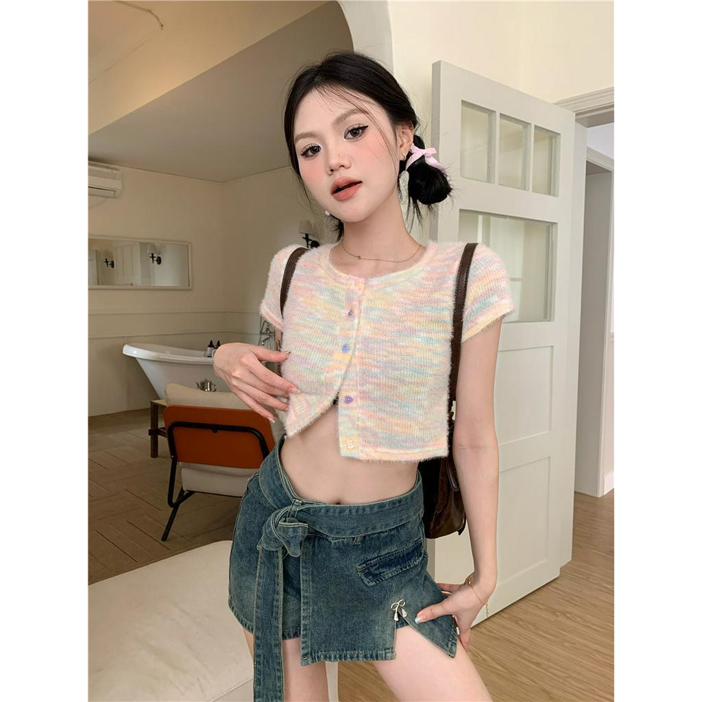 Áo Thun Dáng Ôm Ngắn Tay Phối Màu Cầu Vồng Thời Trang Cá Tính 63686