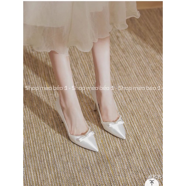 Giày cao gót lụa trắng nơ ngang viền ngọc chéo fullbox