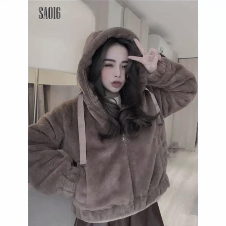 Áo khoác lông nâu bo gấu DH