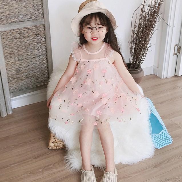 Đầm phối lưới thêu hoa xinh xắn thời trang cho bé gái