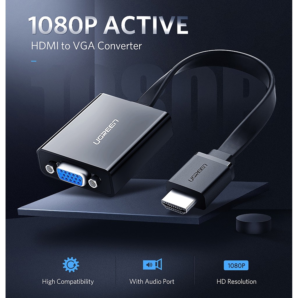 Cáp Chuyển HDMI Sang VGA Kèm Audio Full HD (Dây Dẹp Màu Đen) Ugreen 40248 Chính Hãng