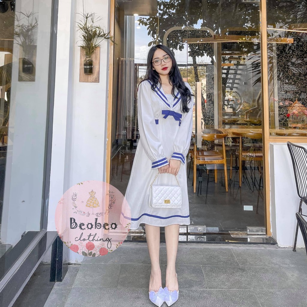Đầm midi trắng cổ thuỷ thủ viền xanh thắt nơ vintage