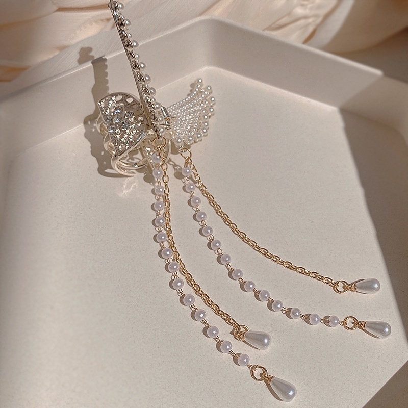 Kẹp tóc càng cua cánh thiên thần ngọc trai nhân tạo có tua dua sang chảnh kẹp tóc công chúa Lémi accessories