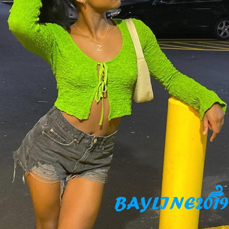 Áo Croptop Tay Dài Màu Trơn Thiết Kế Gợi Cảm Dành Cho Nữ