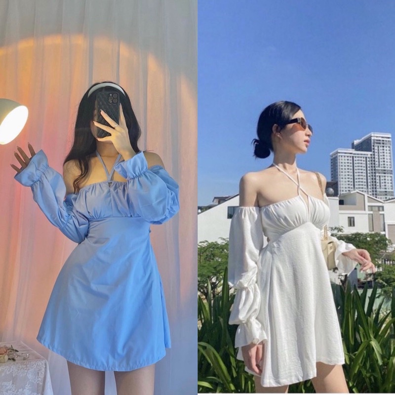 ĐẦM XANH CỔ YẾM RỚT VAI CUTOUT LƯNG BOCHUN