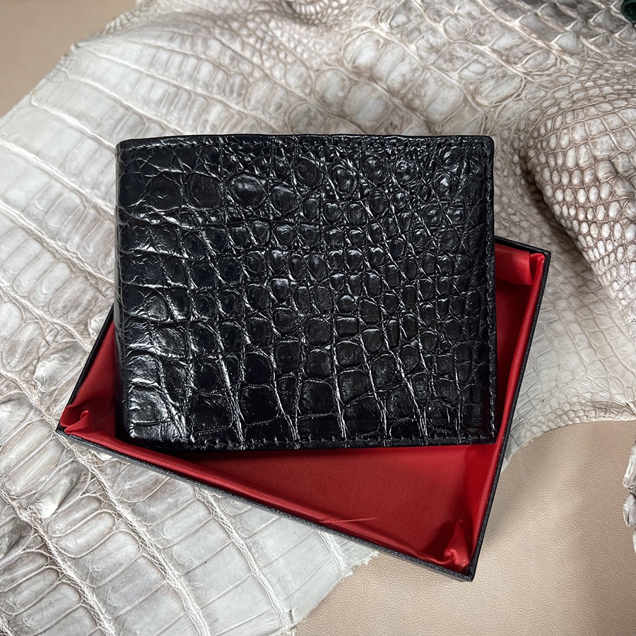 Bóp Ví Nam 2 Mặt Da Cá Sấu Thật Phần Da Bụng Trơn Màu Nâu Đen ST69 Tặng Kèm Hộp Và Móc Khóa Cá Sấu Bảo Hành Da 24 Tháng