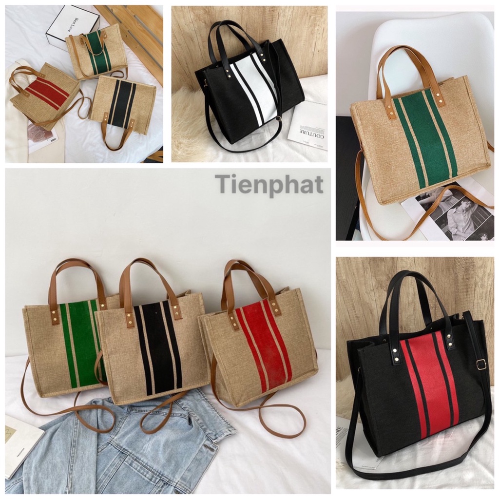 Túi cói sọc có dây đeo chéo sang chảnh