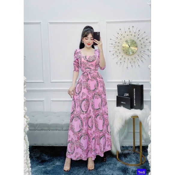 Đầm maxi lụa hoa tay dài cột eo xinh yêu TRIPBLE T DRESS - Free size
