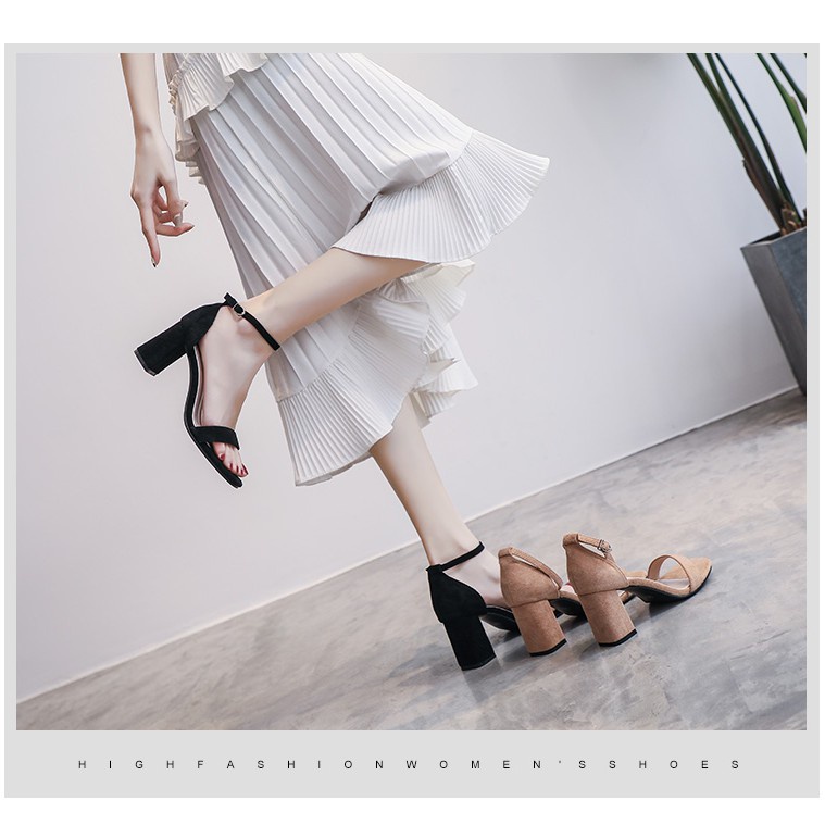 Sandal cao gót 7p nữ da lộn hở đầu đế vuông đẹp GURI BG10