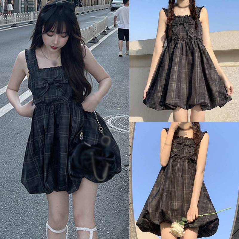 Đầm Mini Không Tay Phối Nơ Họa Tiết Sọc Caro Phong Cách Hàn Quốc Thời Trang Mùa Hè