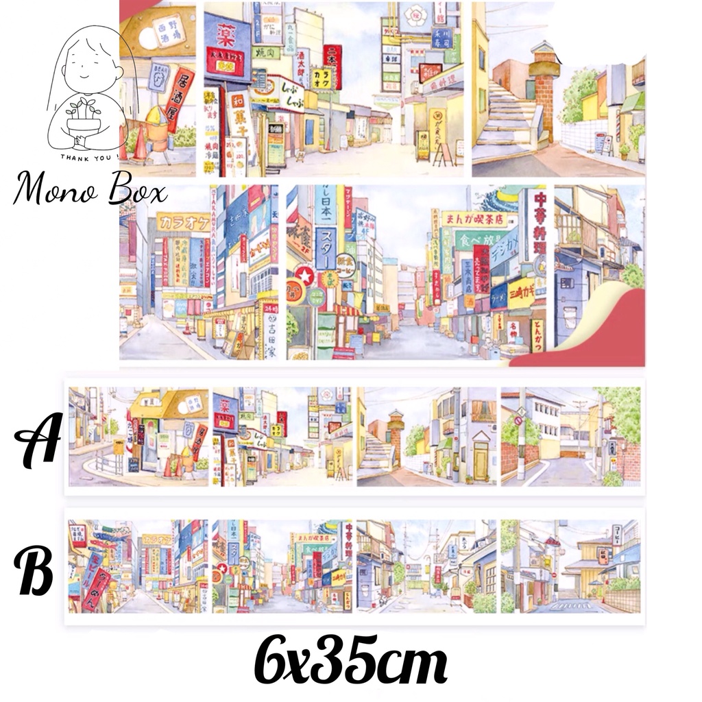 [Chiết] Washi tape 6x35cm, băng keo dán trang trí chủ đề thành thị, thành phố năng động làm tranh washi Mono_box