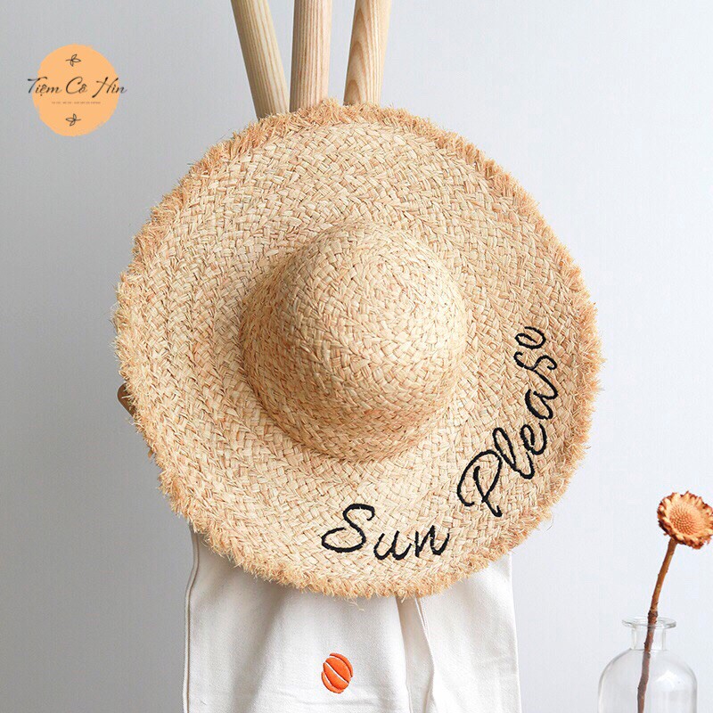 Mũ cói rộng vành thêu chữ Sun Please Tiệm Cô Hìn vành 12cm kiểu dáng trẻ trung thích hợp đi biển ship 1h lỗi 1 đổi 1