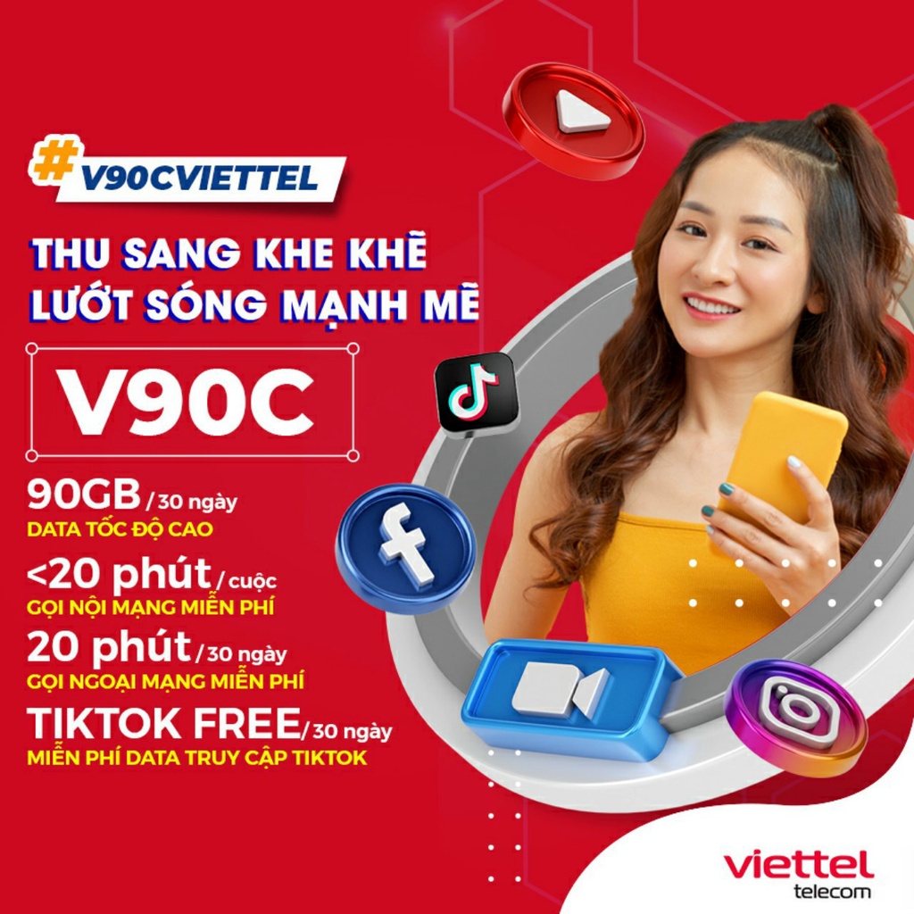 Sim 4G Viettel gói V90C ưu đãi 30GB + gọi miễn phí + data Tiktok