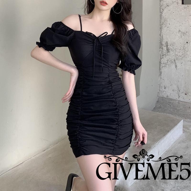 Đầm Mini Tay Phồng Màu Trơn Phối Dây Rút Thời Trang Mùa Hè Quyến Rũ Cho Nữ