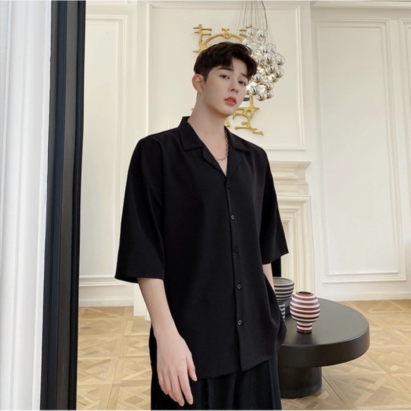 ÁO SƠMI LỤA ĐEN TRƠN CỔ VEST FORM UNISEX (có hình chụp thật) | BigBuy360 - bigbuy360.vn