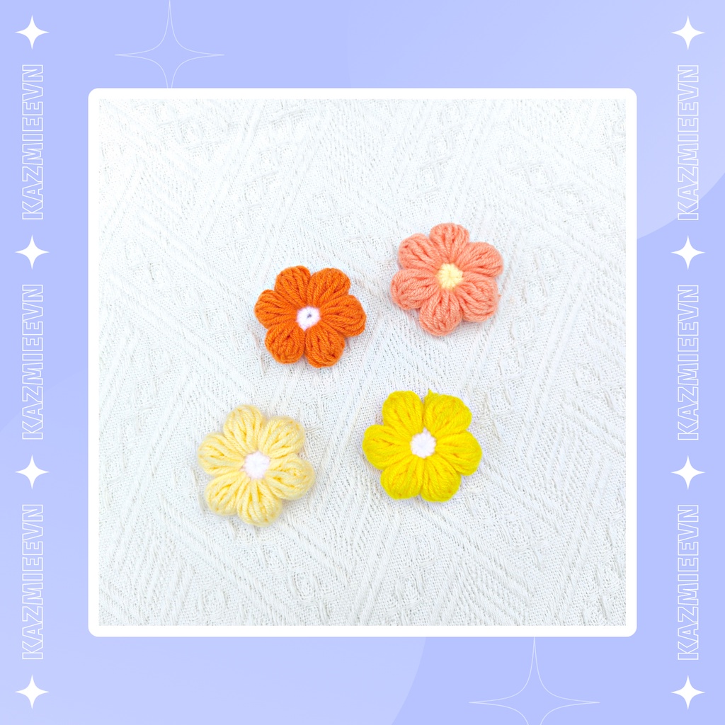 Hoa len trang trí, pin/ghim cài áo, balo handmade hoa 6 cánh