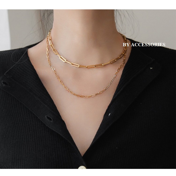 Choker dây chuyền titan xích chữ nhật 2 kiểu mảnh và dày không gỉ