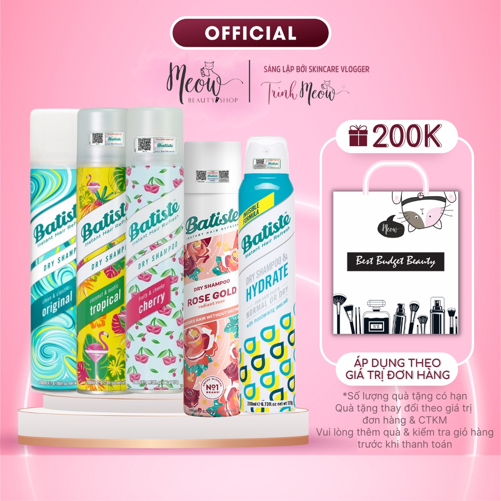 Dầu gội khô Batiste Dry Shampoo hết Ngứa, hết bết dính tóc bồng bềnh tức thì 50ml 200ml