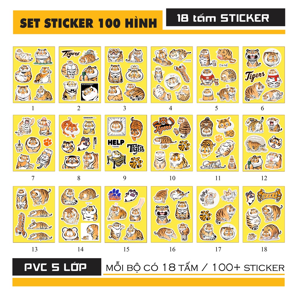 Sticker Con Hổ Vàng Cute | Nhãn Dán Hình Con Hổ Cắt Sẵn Số Lượng từ 10 - 100 Hình Dán Mũ Bảo Hiểm Chống Nước
