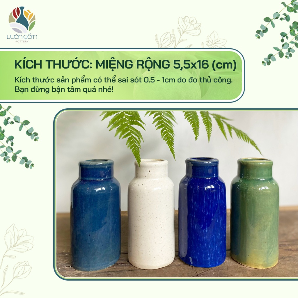 Bình hoa gốm xuất khẩu tráng men cổ nhỏ  decor trang trí Vườn Gốm - The Garden