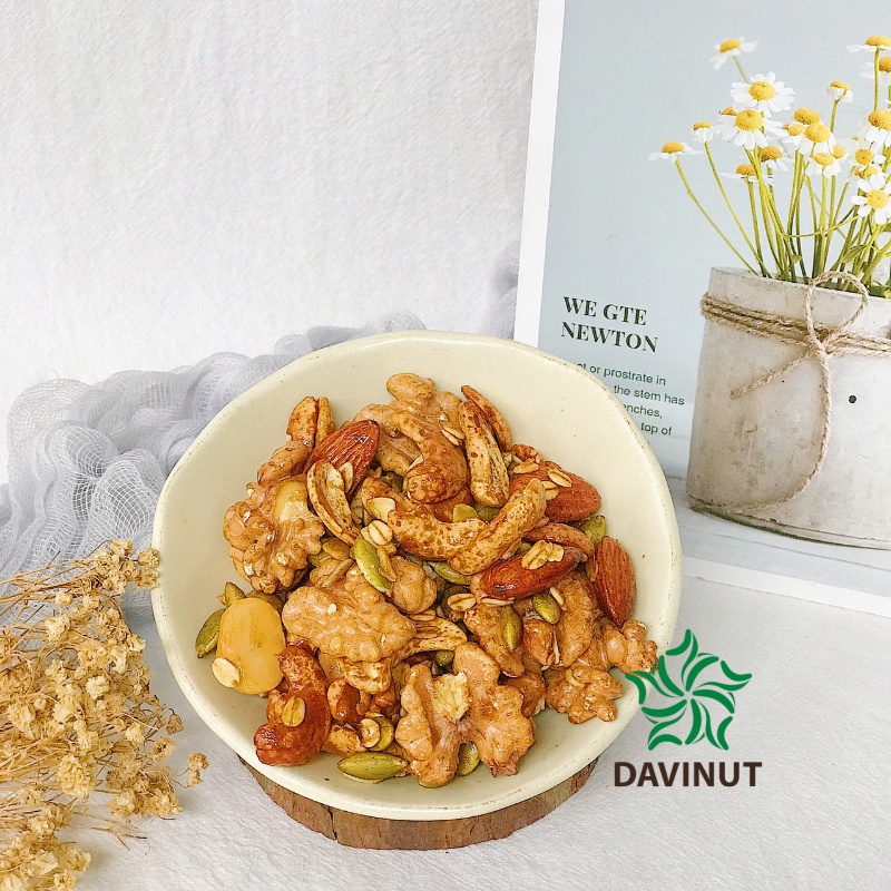 Granola siêu hạt không đường Davinut 500g, 2% yến mạch ăn liền, ngũ cốc giảm cân 5 loại hạt dinh dưỡng giòn thơm ngon