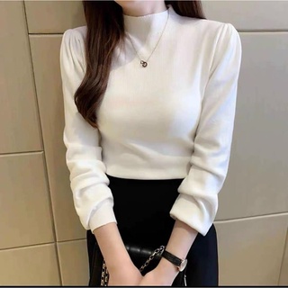 Áo tay dài phồng cổ lọ thun gân mềm nữ tính