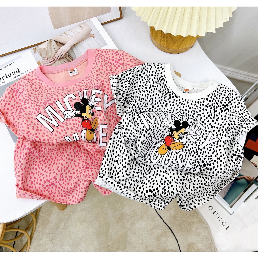 Bộ quần áo cộc tay chất cotton 4c hình beo in hình mickey size 8-32kg cho bé gái