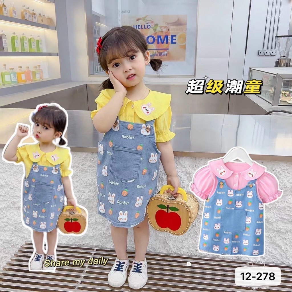Sét yếm váy bò cộc tay - Đầm yếm jean bé gái hình bé thỏ cute 1-3 tuổi Ảnh Thật