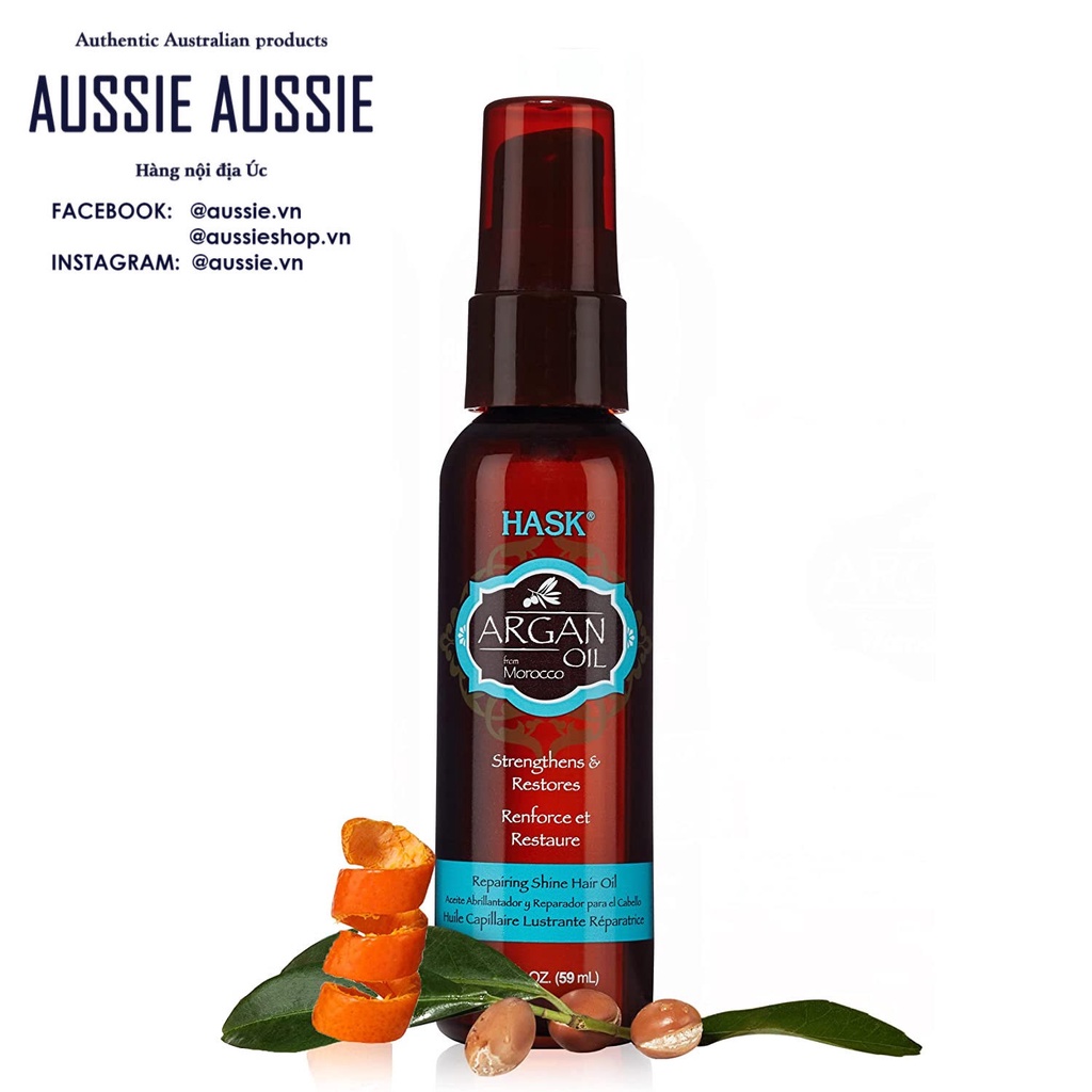Dầu dưỡng phục hồi và bóng tóc khô xơ chẻ ngọn làm dày tóc HASK Argan Oil/ Keratin Oil 18ml 59ml aussie.vn