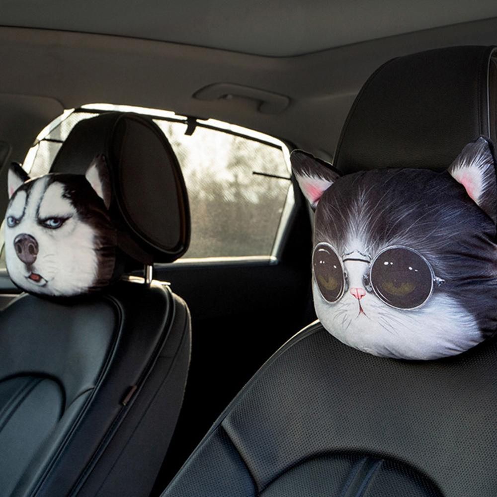 Gối tựa đầu có dây đai an toàn xe hơi in hình mặt chó mèo hoạt hình 3D cho nam và nữ