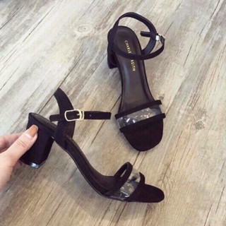 Sandal cao gót 5p, 7p quai ngang meka viền đen đế vuông da lộn FT