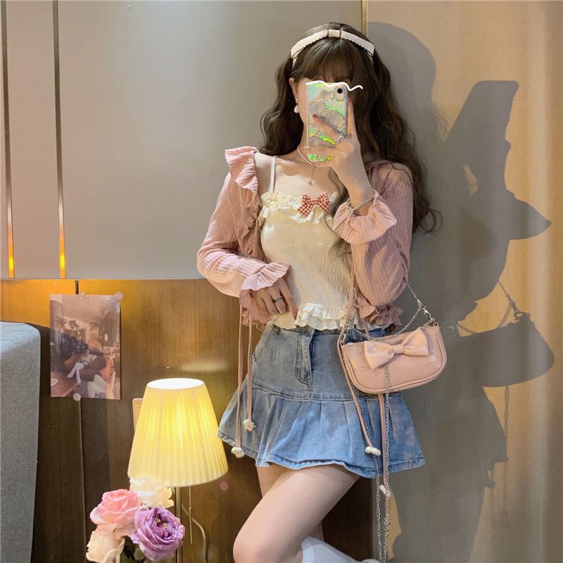 Áo Cardigan Ngắn Chống Nắng Cột Dây Nơ Tai Gỗ Dễ Thương Phong Cách Nhật Bản Cho Nữ