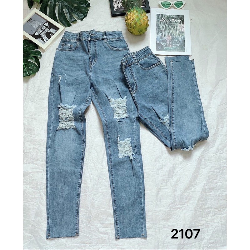 Quần jean nữ rách lưng cao co giãn kiểu quần bò form skinny body cao cấp hàng VNXK MS2107 bigsize 2Kjean