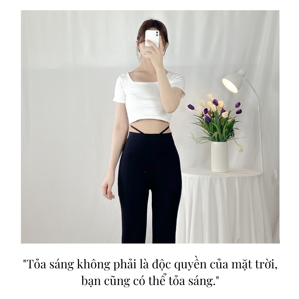 Quần ống loe dây đan cá tính tôn vòng 2 EMIX (màu đen), basic, dáng dài 95cm, cạp cao, vải thun cotton co giãn  Q820