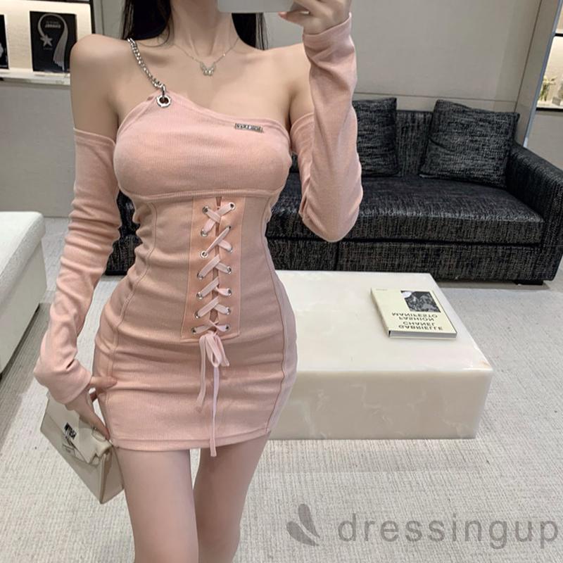 Đầm Mini Dài Tay Trễ Vai Phối Dây Xích Gợi Cảm Cho Nữ