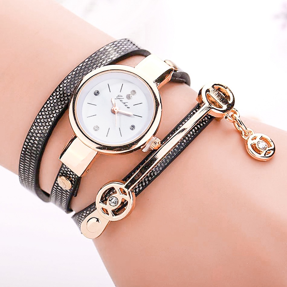 MACmk Women Rhinestone Multilayer Bracelet Faux Leather Strap Analog Quartz Wristwatch