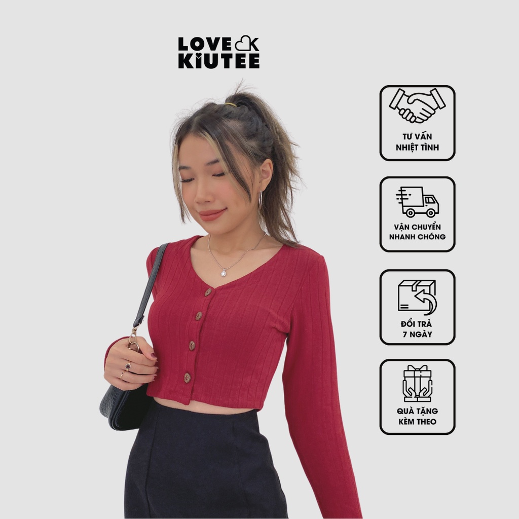 Áo ngắn tay dài nút gỗ Button Front Croptop vải co dãn LOVEKIUTEE