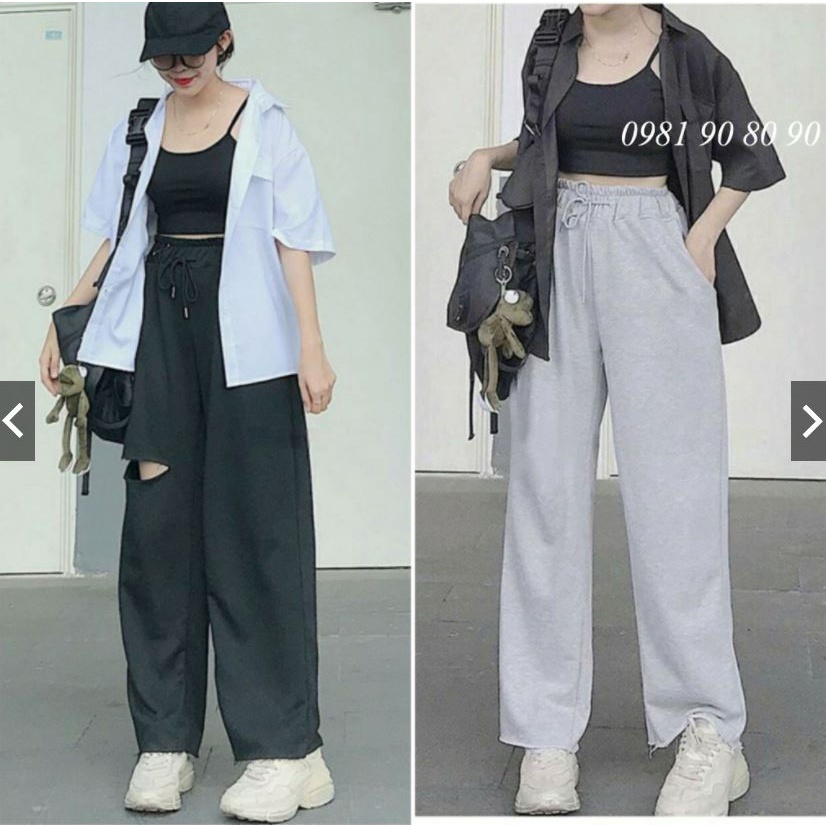 Quần Ống Rộng Suông Nữ Cạp Chun Rách Gối Lai Tưa Chất Da Cá Hai Màu Siêu Hot