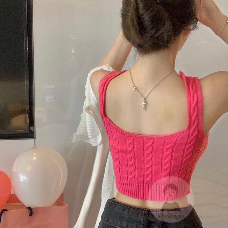 Áo Tank Top Nữ Cổ Chữ U Thêu Chữ Màu Xanh Lá / Trắng / Đỏ / Đen