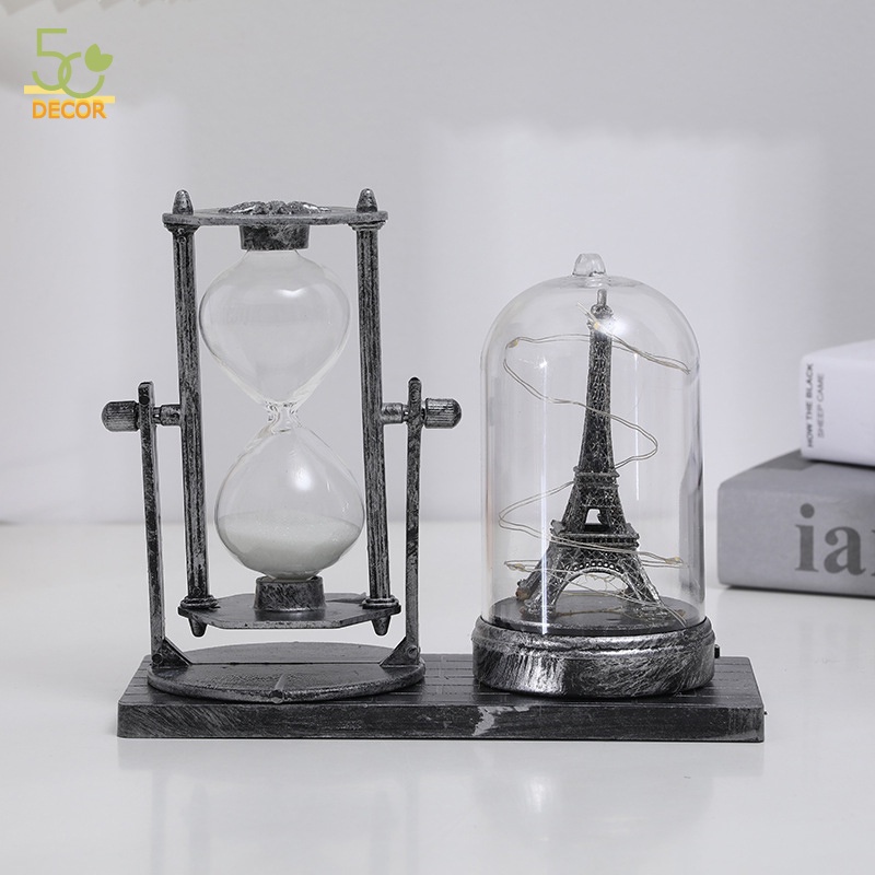 Đồng hồ cát kèm mô hình tháp Eiffel phát sáng, đồng hồ cát để bàn trang trí, quà tặng, lưu niệm