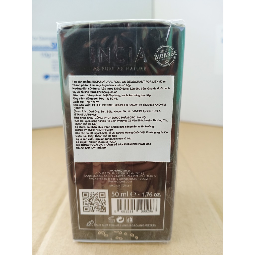 Chai lăn khử mùi nam Incia Natural Roll-On Deodorant For Men 50ml dưỡng trắng, ngừa vết thâm và mùi hôi dưới cánh tay