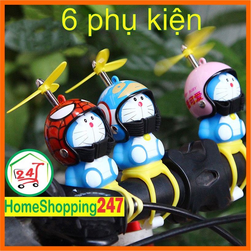 Phụ kiện trang trí xe hình Doremon dễ thương đội nón bảo hiểm đầy đủ phụ kiện chong chóng còi đèn đai băng keo