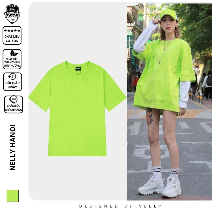 Áo thun tay lỡ NELLY phông Unisex nam nữ oversize form rộng xanh neon