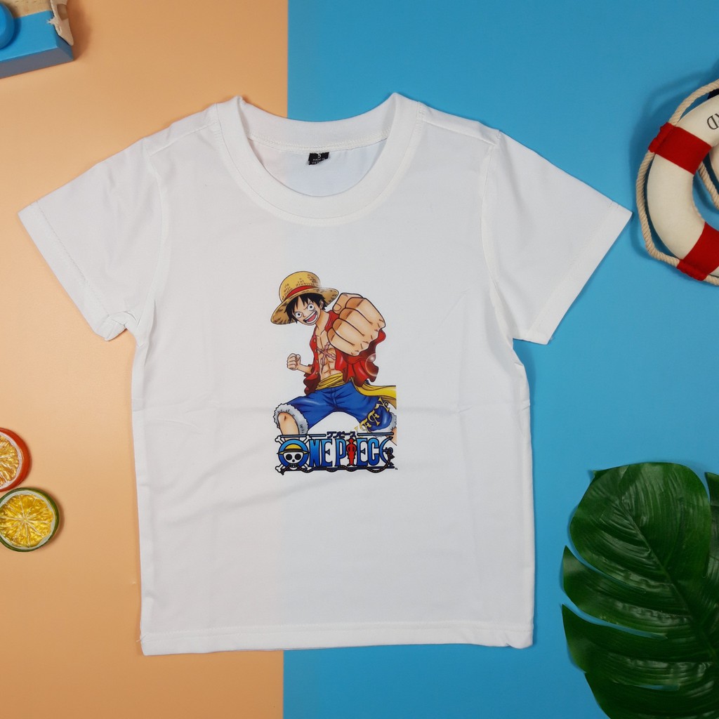 Áo thun trắng bé trai in hình Luffy, Áo thun mềm mịn, thấm hút mồ hôi cho bé trai từ 10 - 50kg
