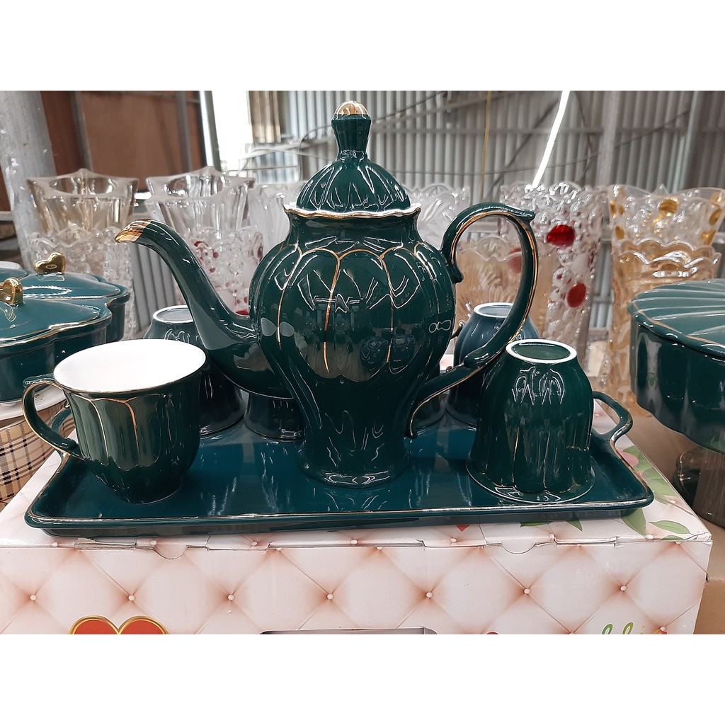 Bộ Bình Cốc Sứ Xanh Cổ Vịt Cao Cấp