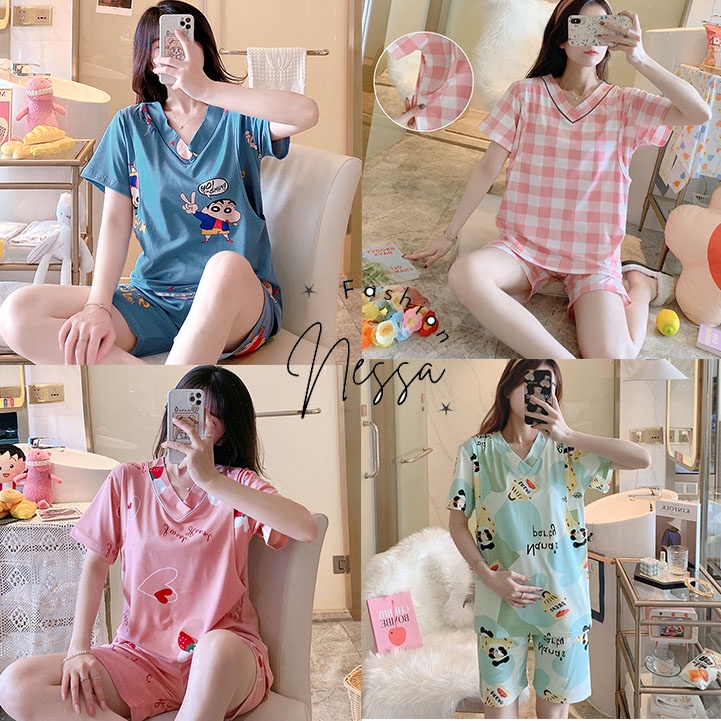 Quần Áo Bộ Đồ Bầu Nữ Mặc Ở Nhà Vải Giãn 4 Chiều Cho Con Bú Ti Ngủ Sau Sinh Pijama Mang Thai Cộc Tay Mùa Hè Xuân BOBAU10