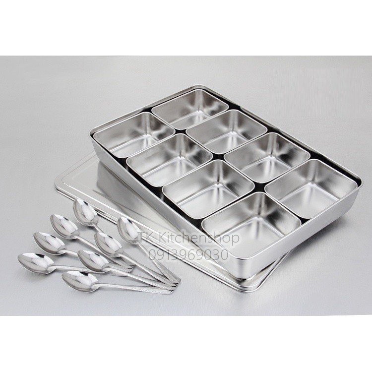 Khay gia vị inox có nắp 2/3/4/6/8 ngăn, khay đựng gia vị nhiều ngăn có nắp đậy hàng inox dày dày dặn